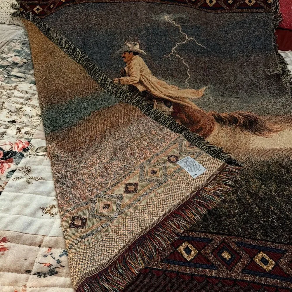 Vtg Mohawk Home Jack Terry Western Cowboy Woven Tapestry Throw Blanket 54x46 USA